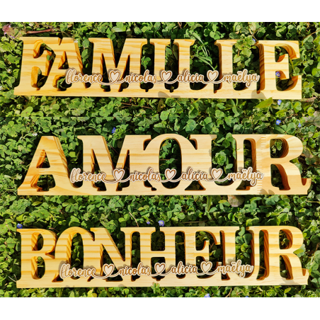 Décoration en Bois – Famille, Amour & Bonheur personnalisable